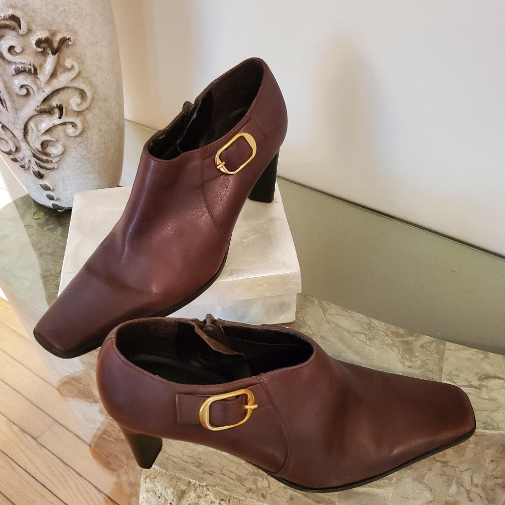 Bandolino Brown Leather Ankle Booties with Gold Buckle